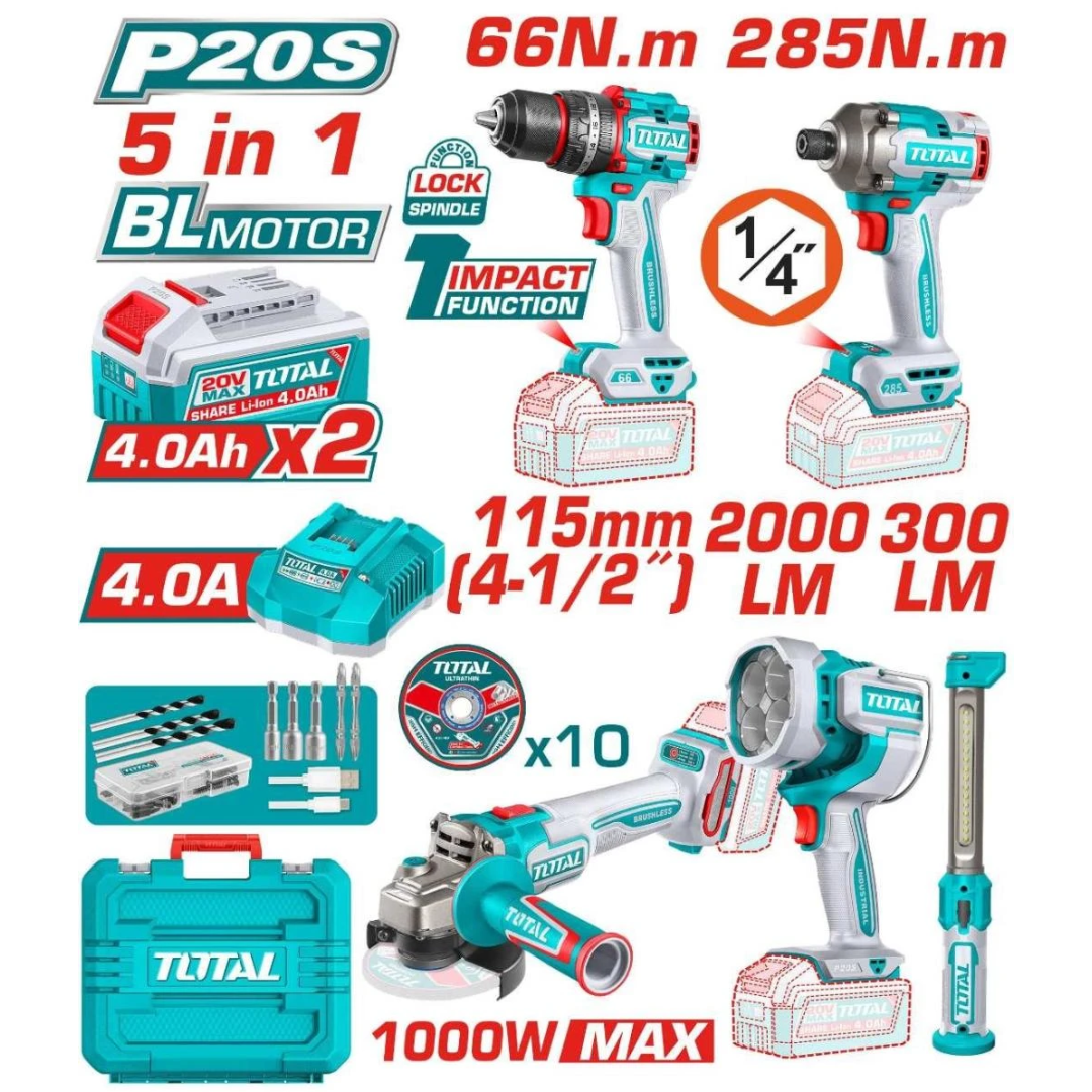 TOTAL 20V COMBO 5PC Drill 66nm+I/Wrench+Grinder+2XW Lamp-TOSLI250692