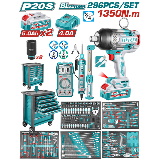 Total 20V COMBO I/wrench 1350nm Tool Trolley 296PC – THPTCS82962
