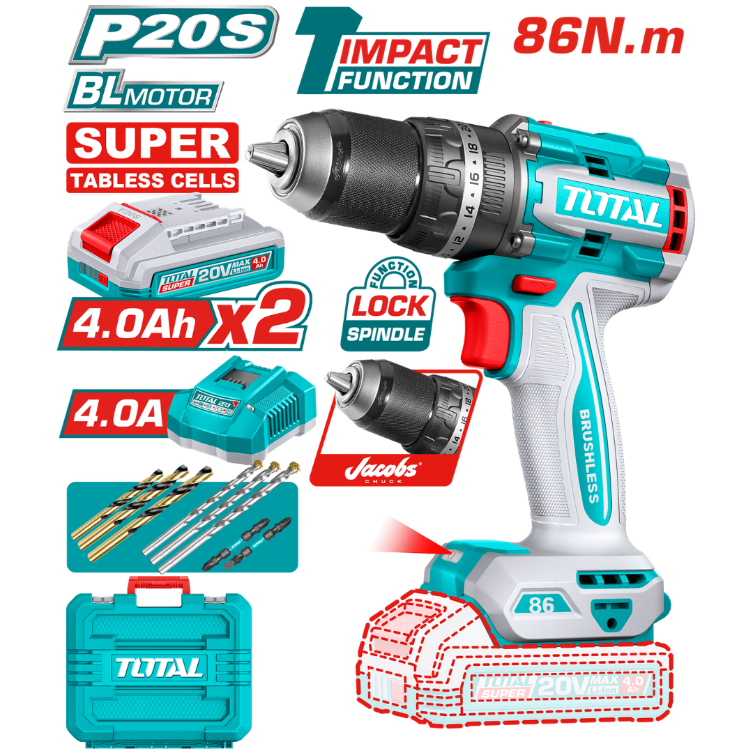Total 20V Drill Impact 13mm 86nm 2X4AH+1X4AH Charger+Acc – TIDLI208686