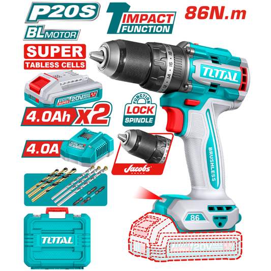 Total 20V Drill Impact 13mm 86nm 2X4AH+1X4AH Charger+Acc – TIDLI208686