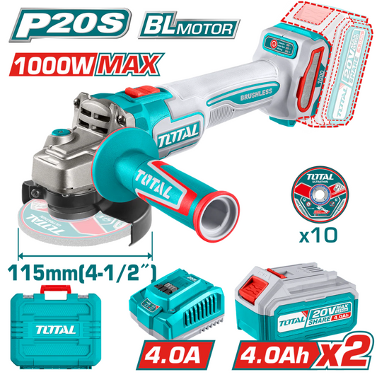 TOTAL 20V Angle Grinder B/L 115mm(1200W)+2x4AH+AccKIT-TAGLI2211532 LB