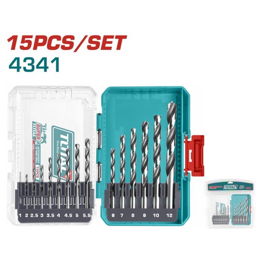 Total HSS Drill Bit Set (Silver) 15 PC 1,2-5x0.5+6-12mm - TACSDL51506