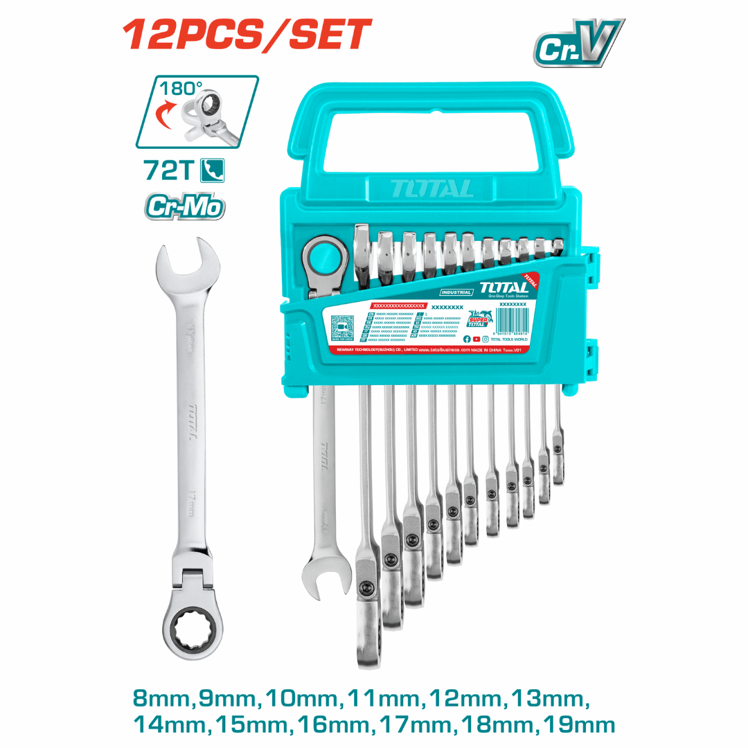 TOTAL Spanner Ratchet (flexible) Set 12PC 8-19mm – THT102RK5126