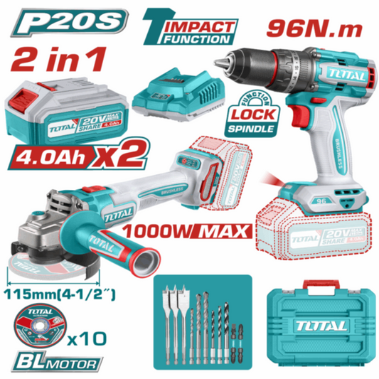 TOTAL 20V COMBO 2Pc Drill 96nm+Grinder(1000W)+2x4AH-TOSLI241298 (SP)