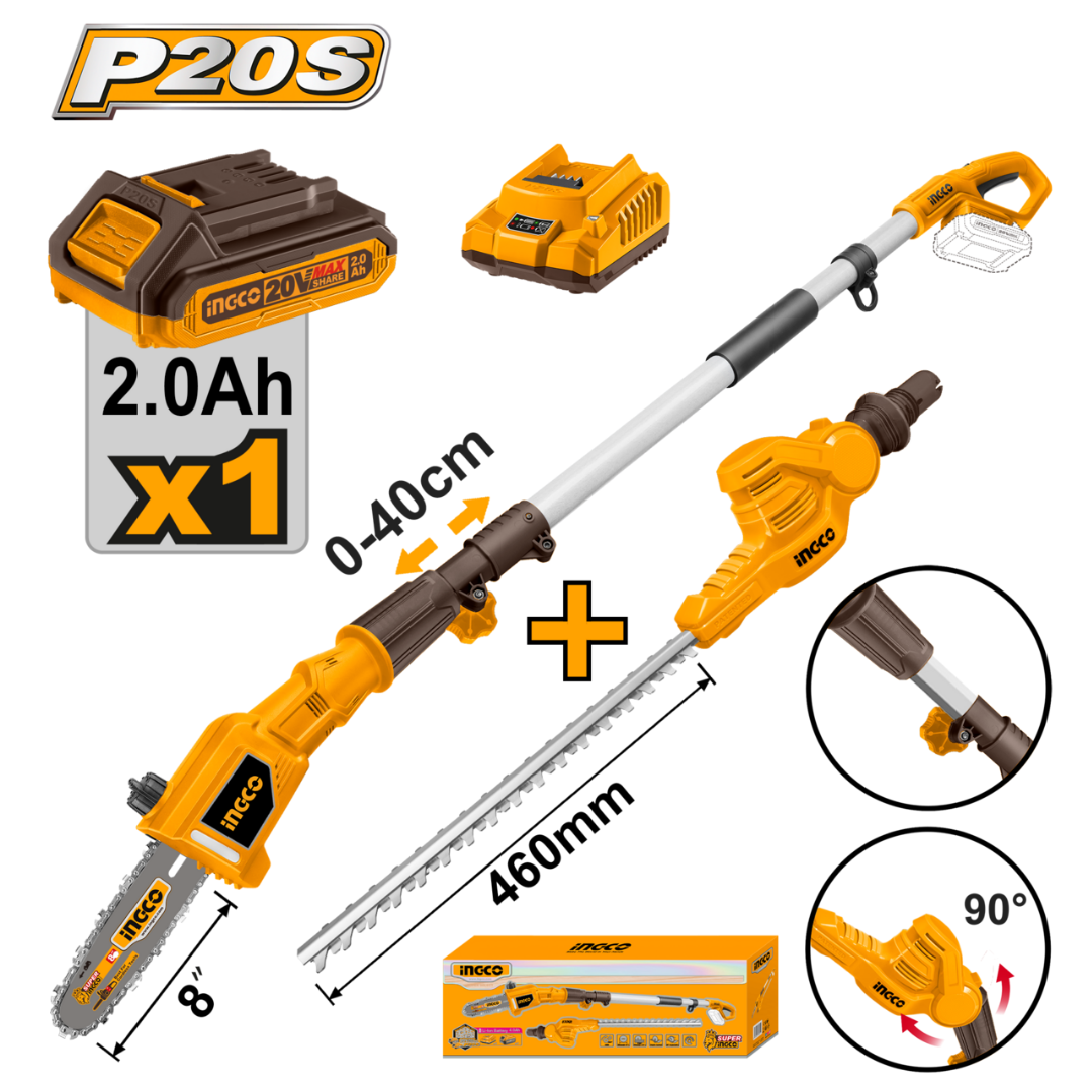 Ingco 20V Lithium-Ion Pole Saw With Pole Hedge Trimmer - CPTS201681
