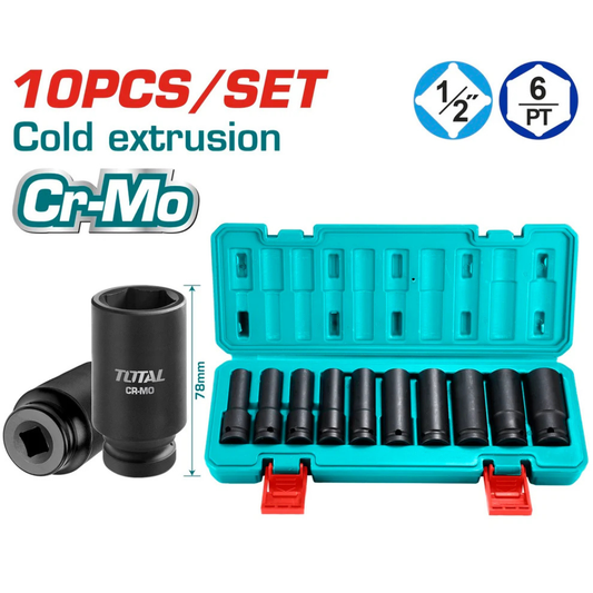 Total 10 Pcs 1/2" deep impact socket set total