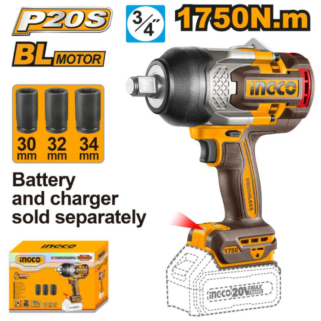 Ingco 20V Lithium-Ion Impact Wrench 1750nm Solo