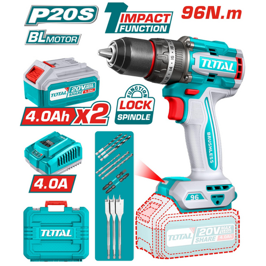 TOTAL 20V Drill 13mm 96Nm B/L 2X4AH+Chgr- TIDLI20968