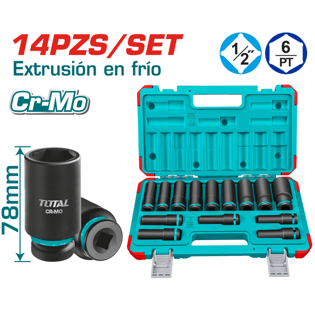 TOTAL Socket Set Impact 14Pc 1/2DR Tube 10-27mm – THKISD12143L ...