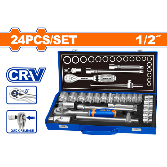Wadfow 24 Piece 1/2" socket set Metal case