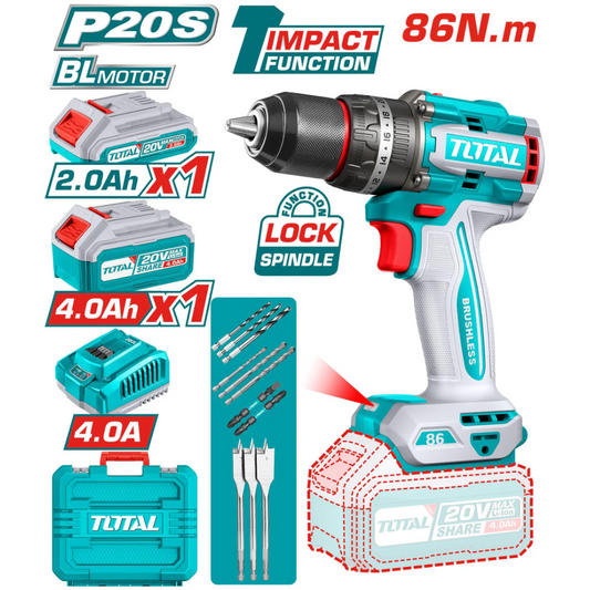 TOTAL 20V Drill Impact 13mm 86Nm B/L 2x2AH+Charger - TIDLI20868