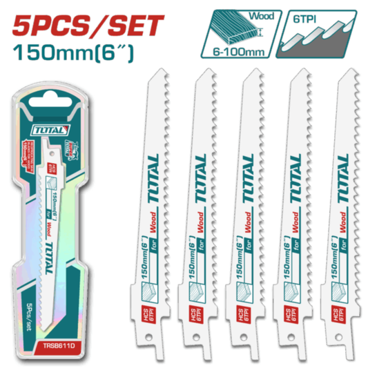 Total Reciprocating Saw Blade 150mm 6TPI 5pc Wood – TRSB611D (SP)