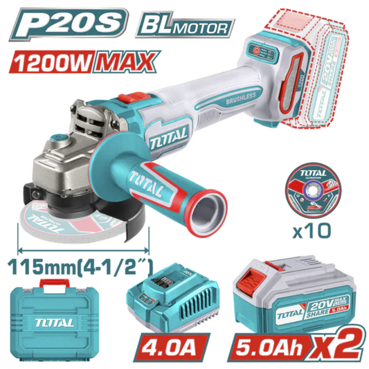TOTAL 20V Angle Grinder (1200W)+2x5AH+Chg+ Disc KIT -TAGLI2211532