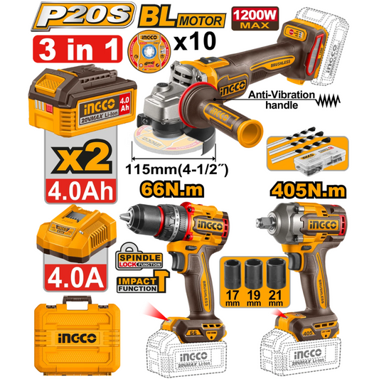Ingco Ingco Lithium-ion 3 Piece Combo Kit - CKLI20358