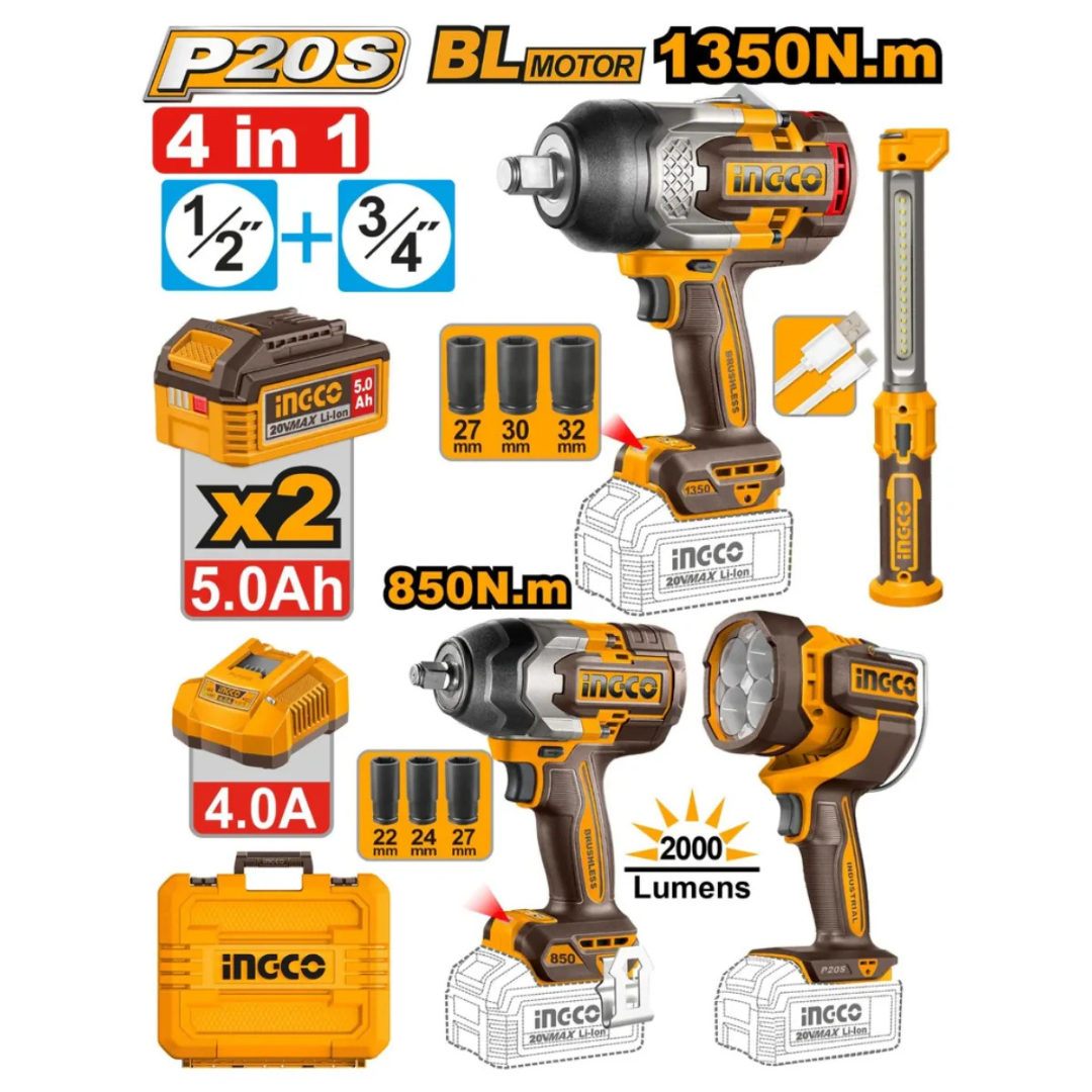 Ingco Cordless 4-in-1 Cordless Combo Kit (2x Work lights & 2x Impact Wrenches)