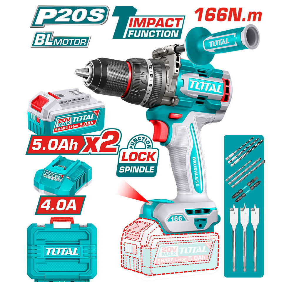 TOTAL 20V Impact Drill 166nm+2X5AH+Charger+Acc – TIDLI201668